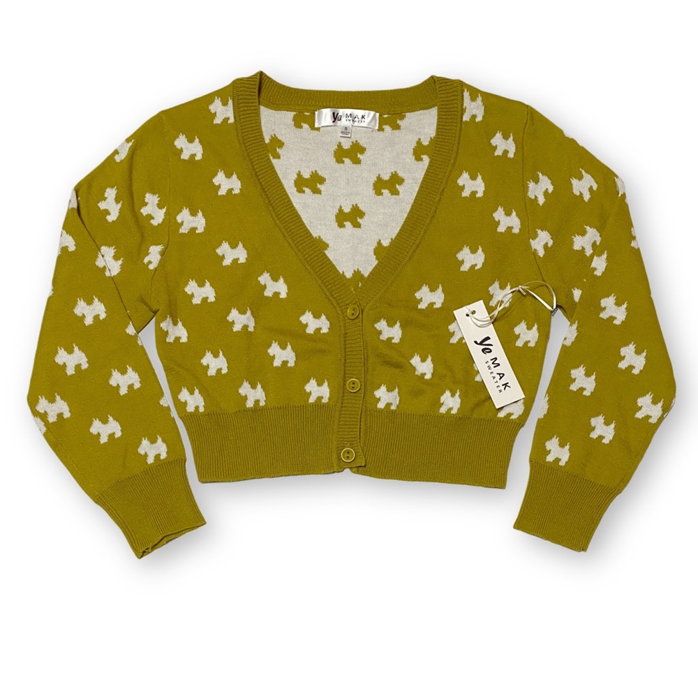 Ye MAK Small Cropped Avocado Dog 3/4 Sleeve Cotton Knit Cardigan Sweater - Picture 2 of 9